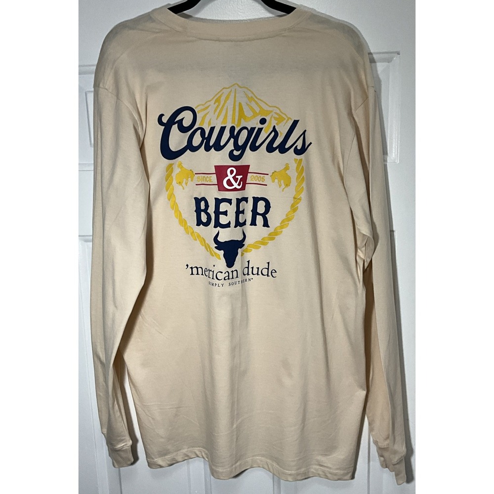 Simply Southern Long Sleeve "Cowgirls & Beer" "Merican Dude" Tan Men's Large